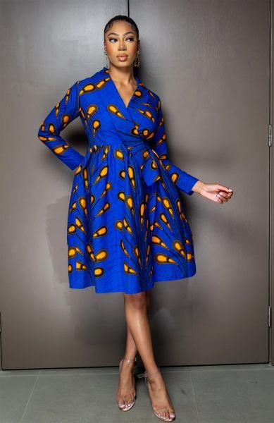 African Print Fit and Flare Shawl Collar Wrap Dress 