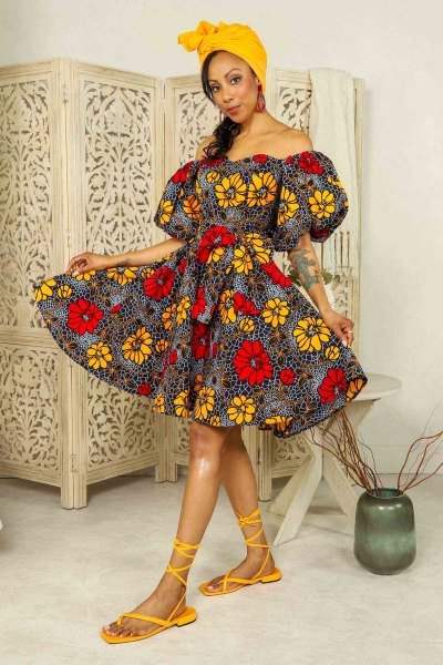 African Print Mini Dress with Puff Sleeves 