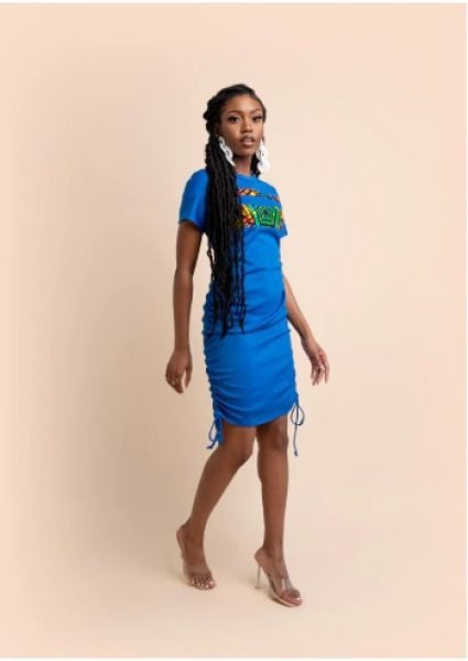 Blue Ruched Short Sleeve Shirt Dress For Women 